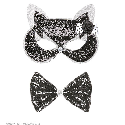 oogmasker kat met strikje zwart/zilver