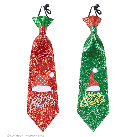 glitter stropdas kerstmanmuts, 2 kleuren ass.