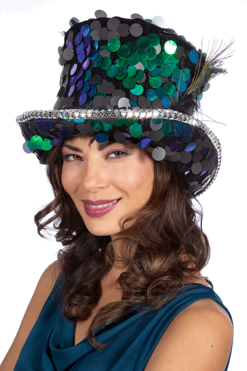 Hoge hoed luxe pailletten peacock (met elastiek)