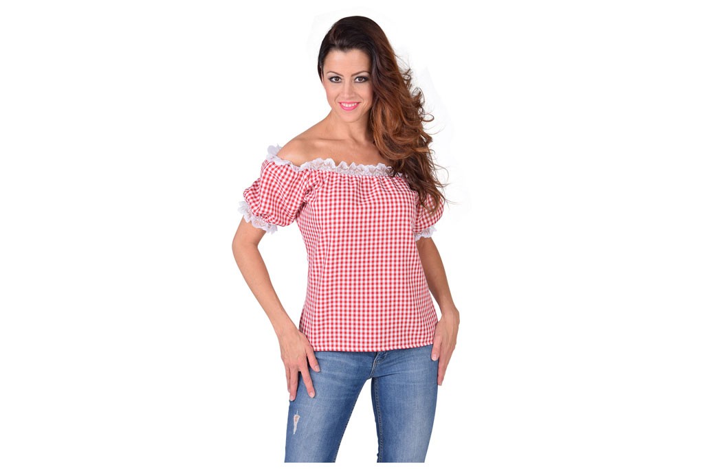 Blouse schoudervrij rood wit brabants bont