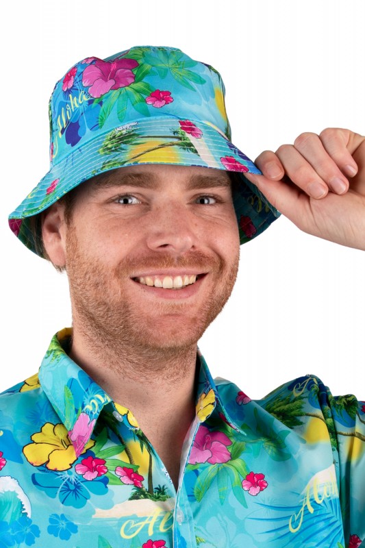 Vissershoedje Hawaiiprint blauw