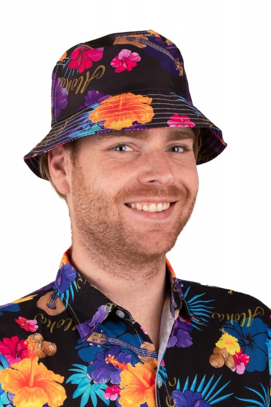 Vissershoedje Hawaiiprint zwart