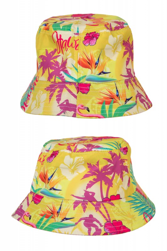 Vissershoedje Hawaiiprint geel