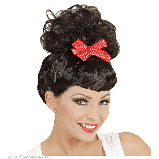 pruik, rock pin up girl zwart met rode strik