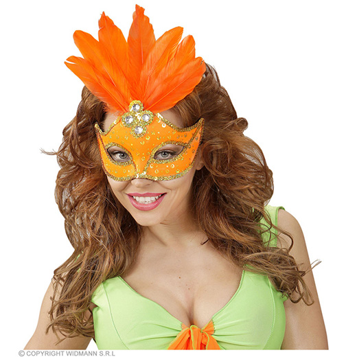 oogmasker brazilie met veren en parels, neon oranje