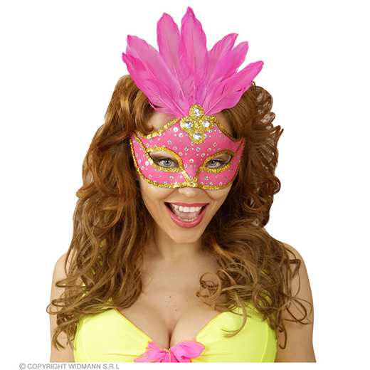 oogmasker brazilie met veren en parels, neon rose