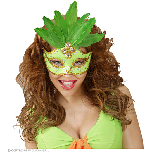 oogmasker brazilie met veren en parels, neon geel
