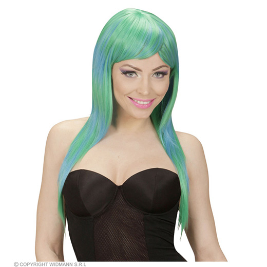 pruik, melange fashion lang groen/blauw