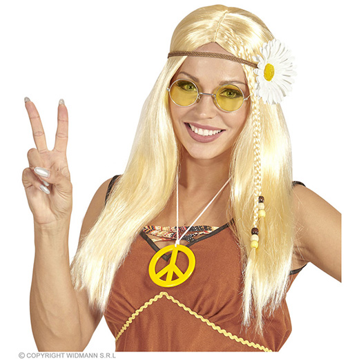 pruik, hippie met bloemenkrans blond