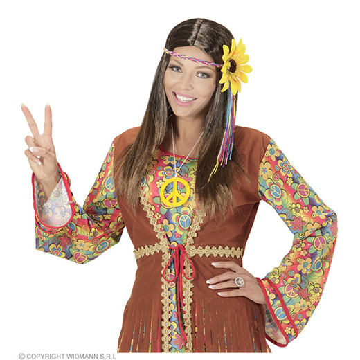pruik, hippie bruin met meerkleuren bloem hoofdband