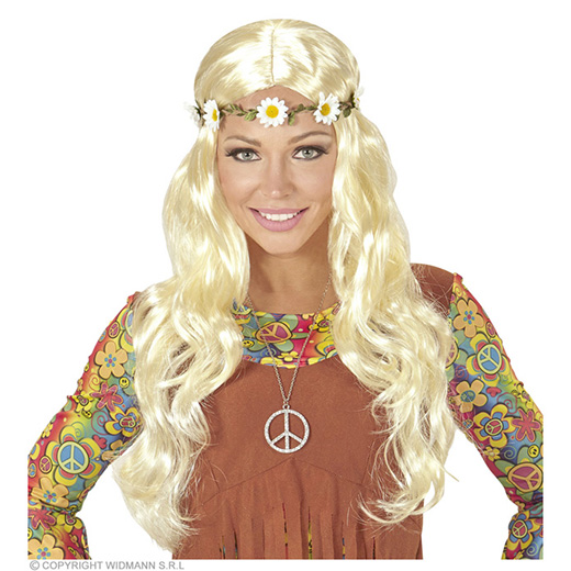 pruik, hippie/ middeleeuwen blond met bloemen hoofdband