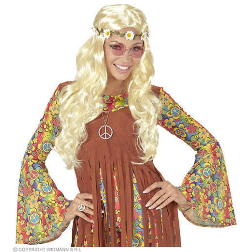 pruik, hippie/ middeleeuwen blond met bloemen hoofdband