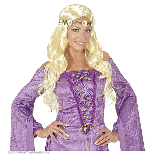 pruik, hippie/ middeleeuwen blond met bloemen hoofdband