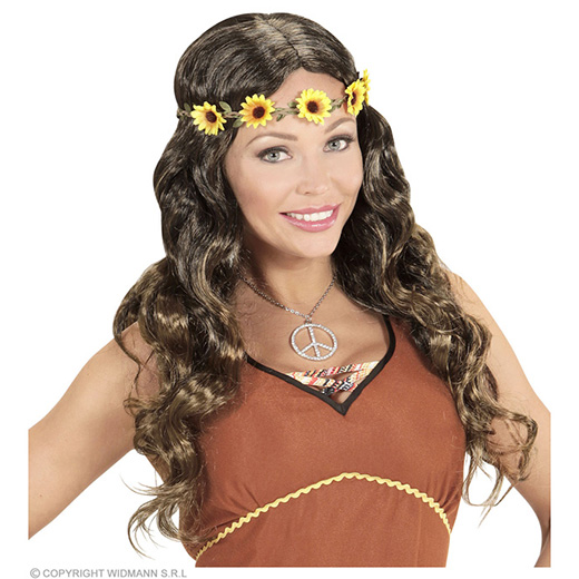 pruik, hippie bruin met zonnenbloem hoofdband