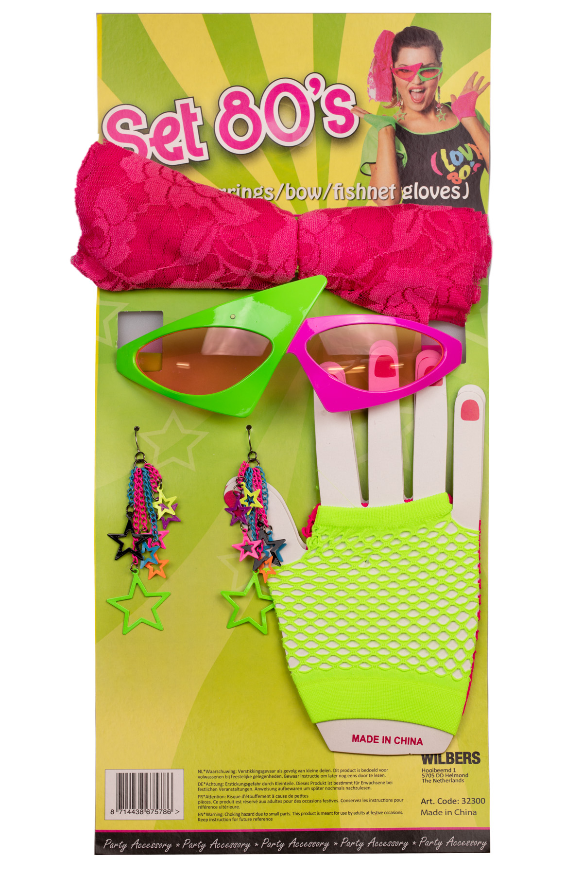 Set 80's (bril/oorbellen/haarband/nethandschoenen)