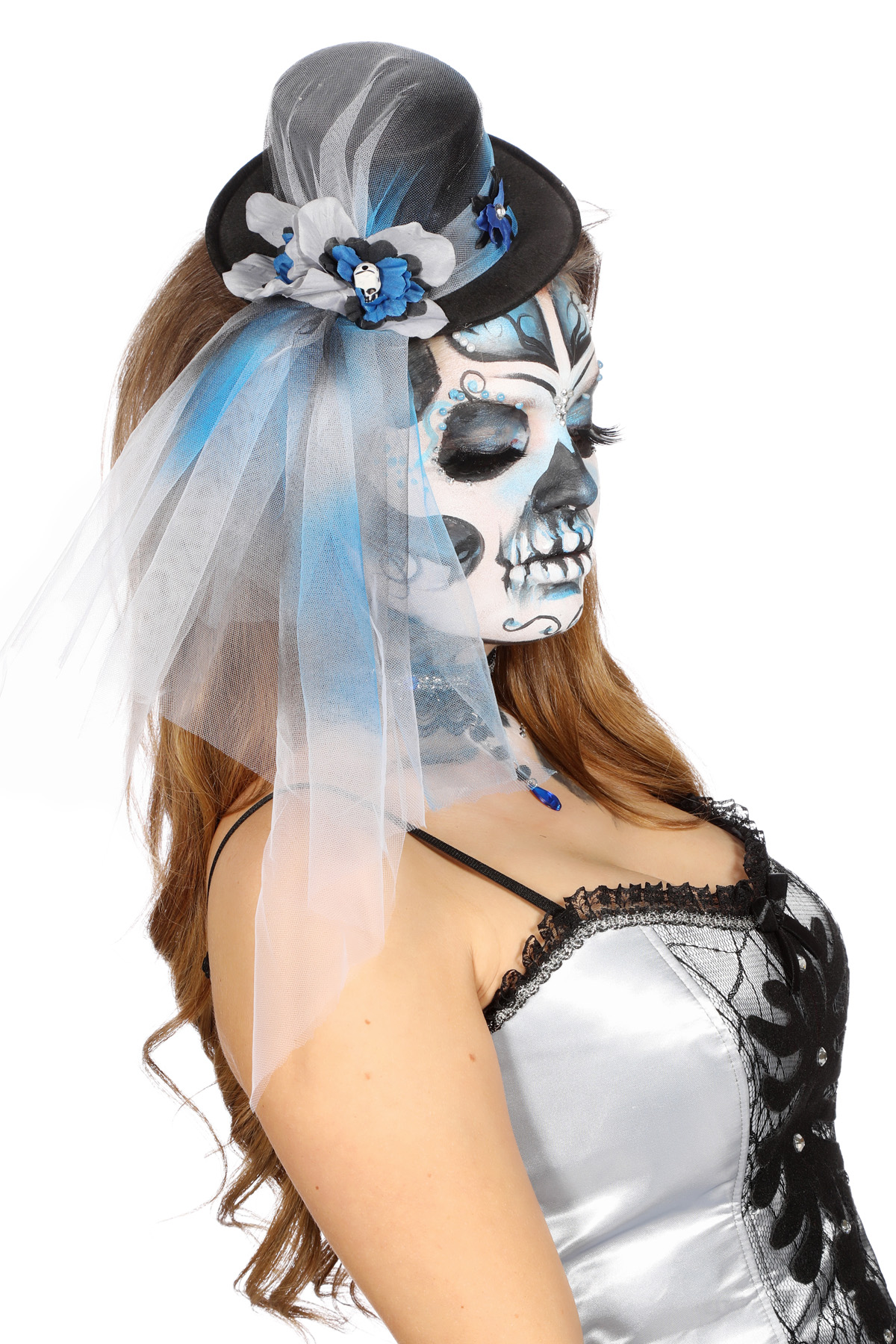 Hoed mini met bloemen grijs/blauw