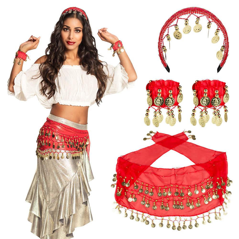 Set Belly dance rood (hoofdband, armbanden en ceintuur)