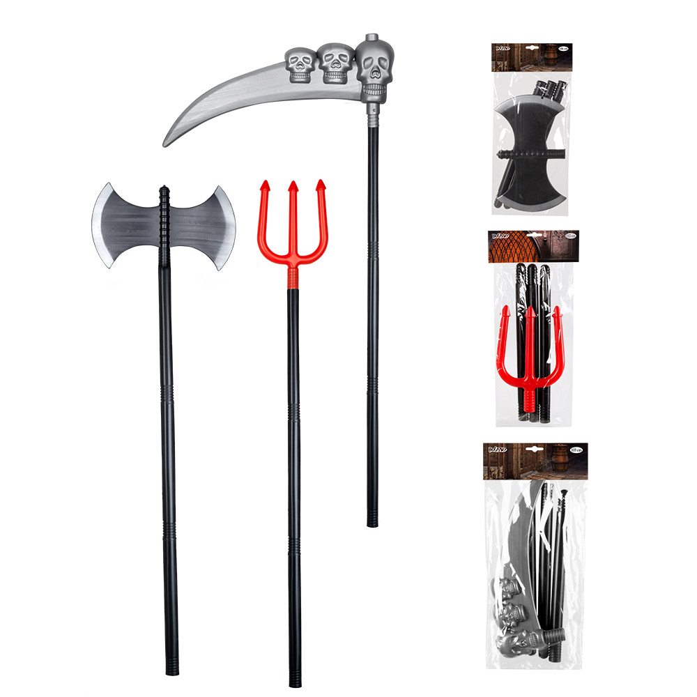 Wapenassortiment 3 ass. (duivelsvork 112 cm, schedelzeis 103 cm, bijl 106 cm)