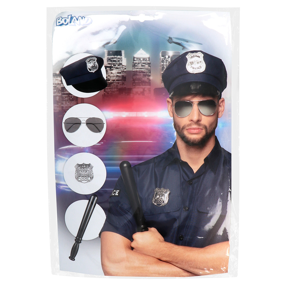 Set Politie (pet, partybril, badge en knuppel 33 cm)