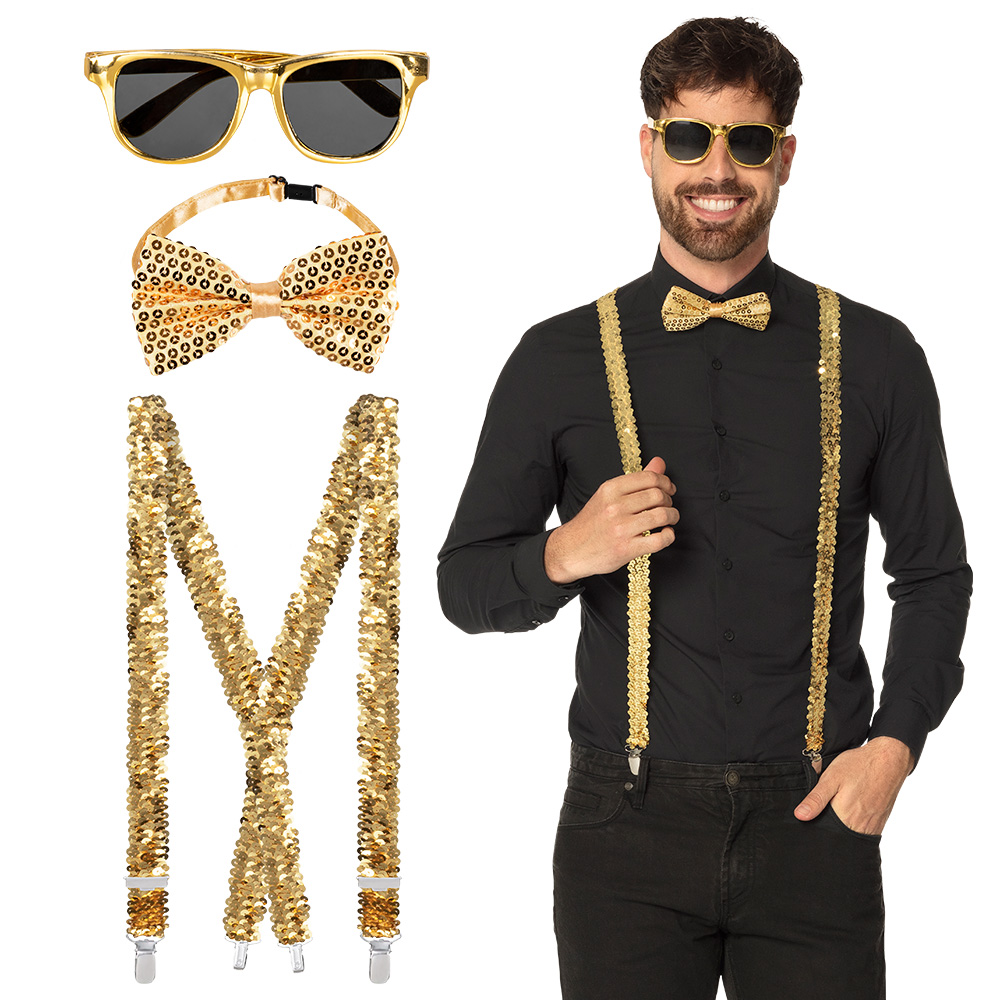 Set Pailletten goud (partybril, vlinderstrik en bretels)