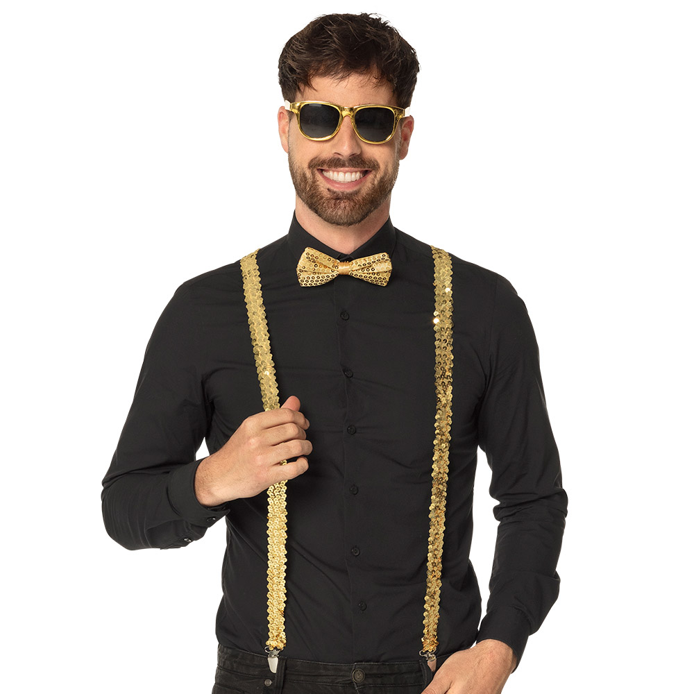 Set Pailletten goud (partybril, vlinderstrik en bretels)