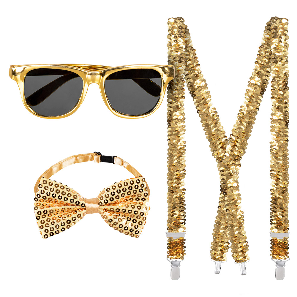 Set Pailletten goud (partybril, vlinderstrik en bretels)