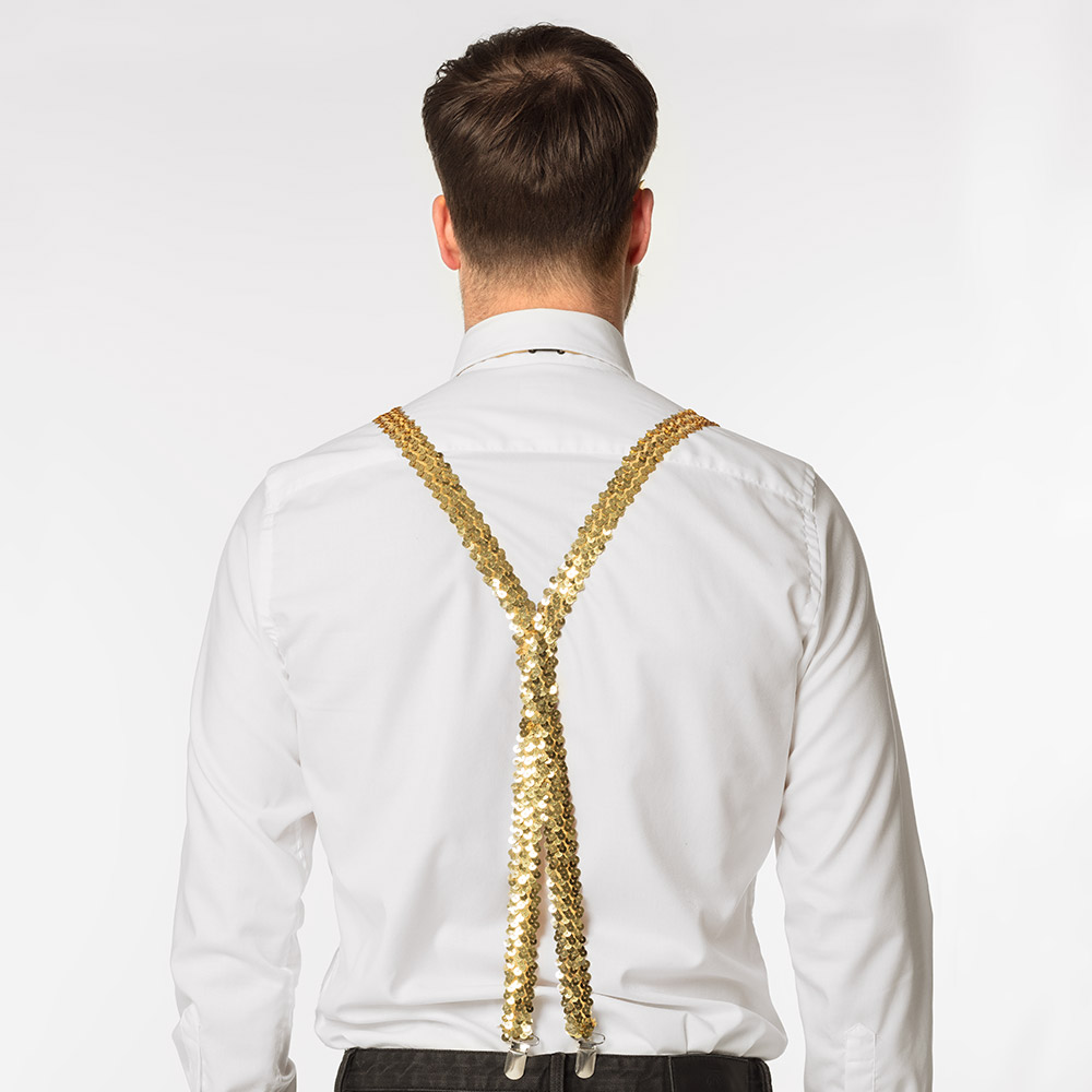 Set Pailletten goud (partybril, vlinderstrik en bretels)