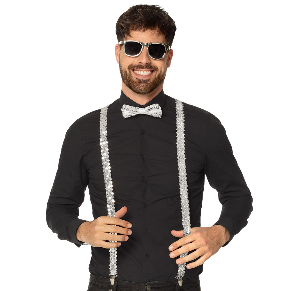 Set Pailletten zilver (partybril, vlinderstrik en bretels)