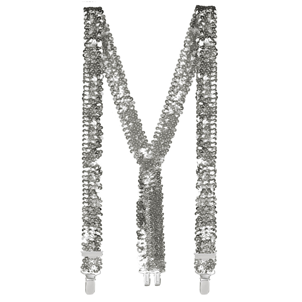 Set Pailletten zilver (partybril, vlinderstrik en bretels)