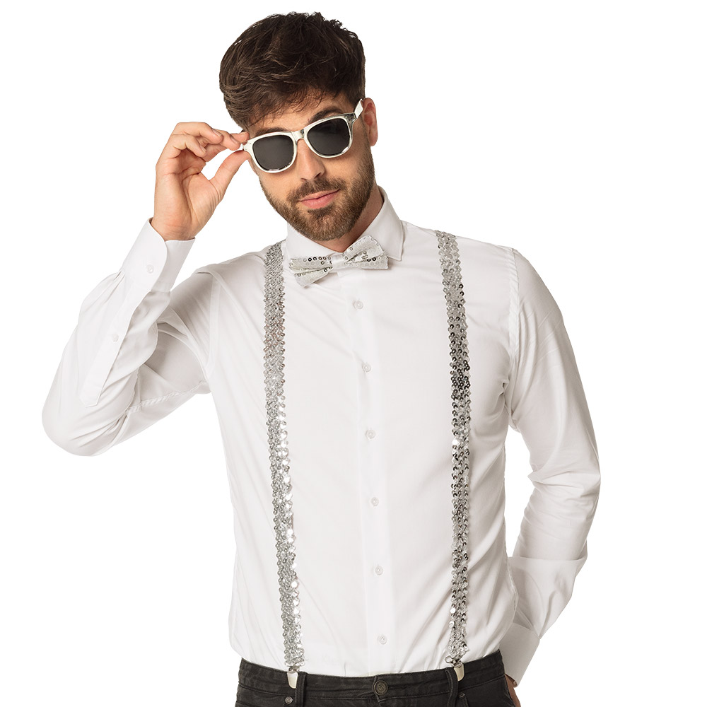 Set Pailletten zilver (partybril, vlinderstrik en bretels)