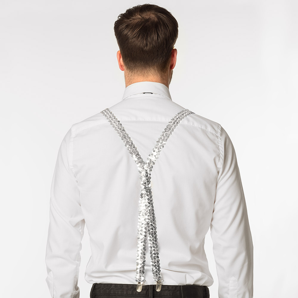 Set Pailletten zilver (partybril, vlinderstrik en bretels)