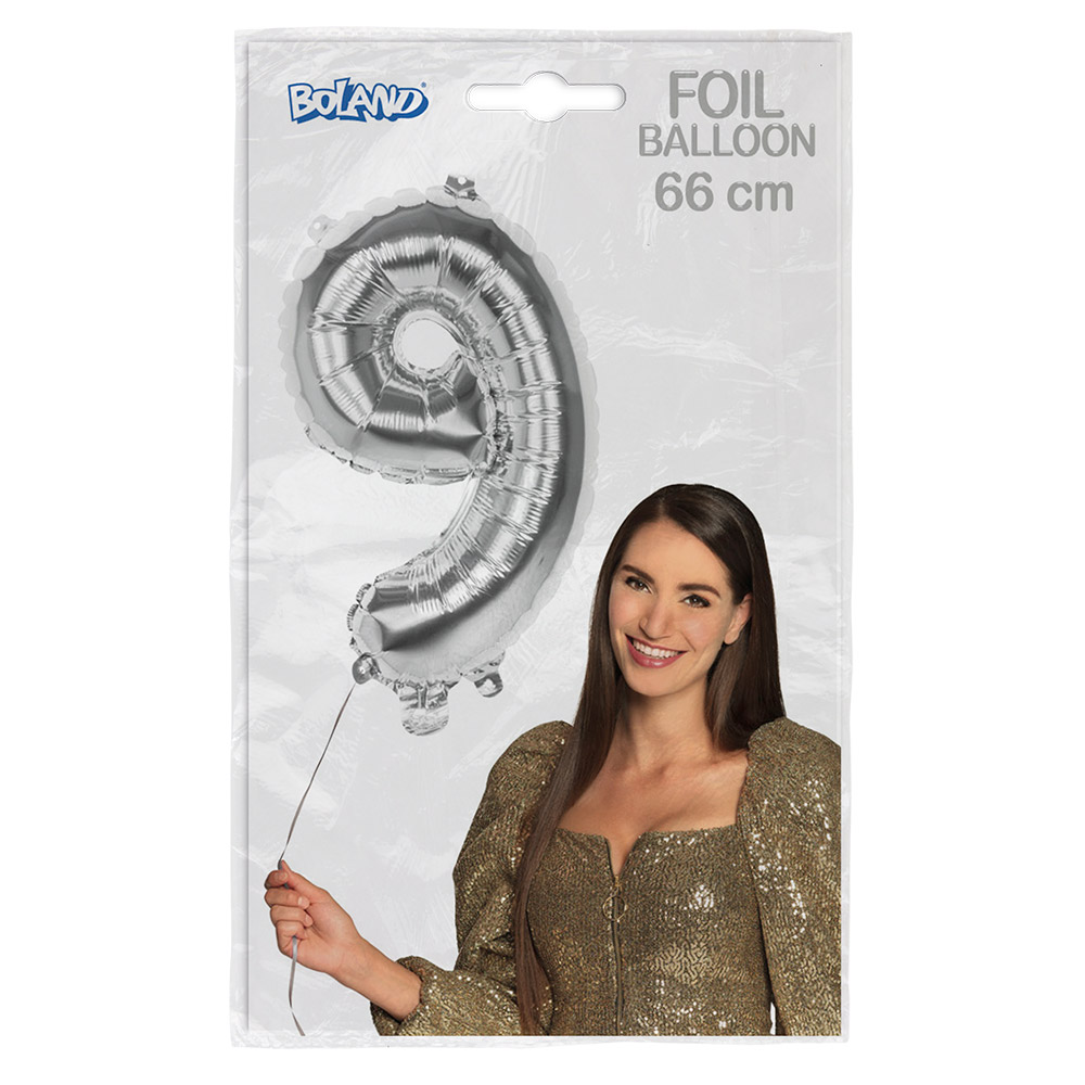 Folieballon '9' zilver (66 cm)