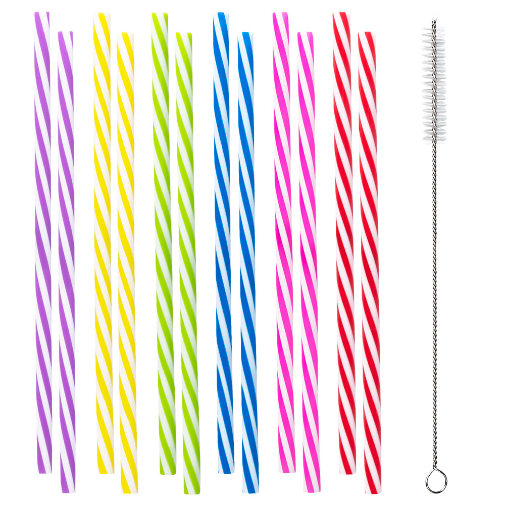 Set 12 herbruikbare plastic rietjes 6 kleuren met ragertje (21 cm)