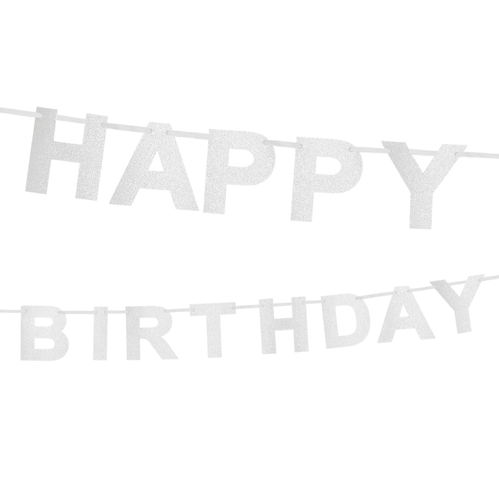 Kartonnen glitter letterslinger 'Happy birthday' zilver (2,25 m)