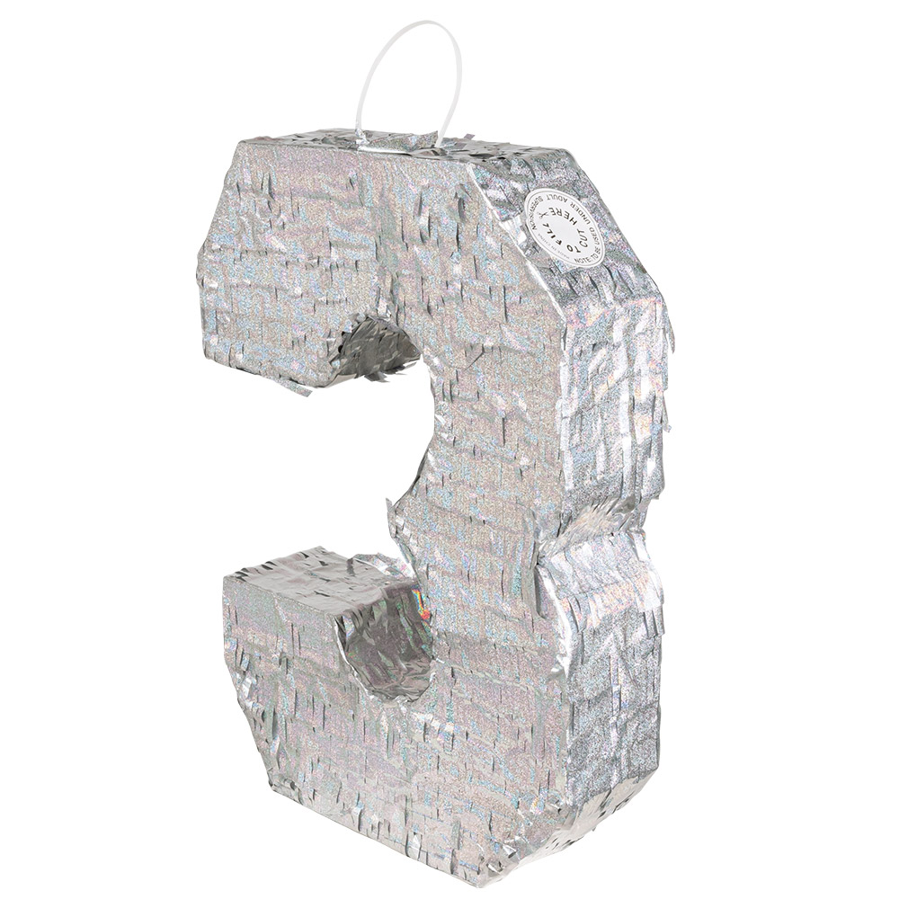 St. Piñata cijfer '3' holografisch zilver (40 x 28 x 8 cm)