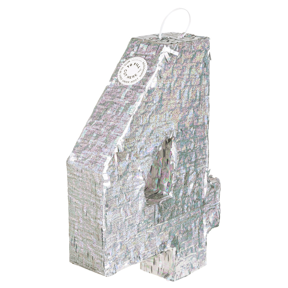 St. Piñata ciijfer '4' holografisch zilver (40 x 28 x 8 cm)