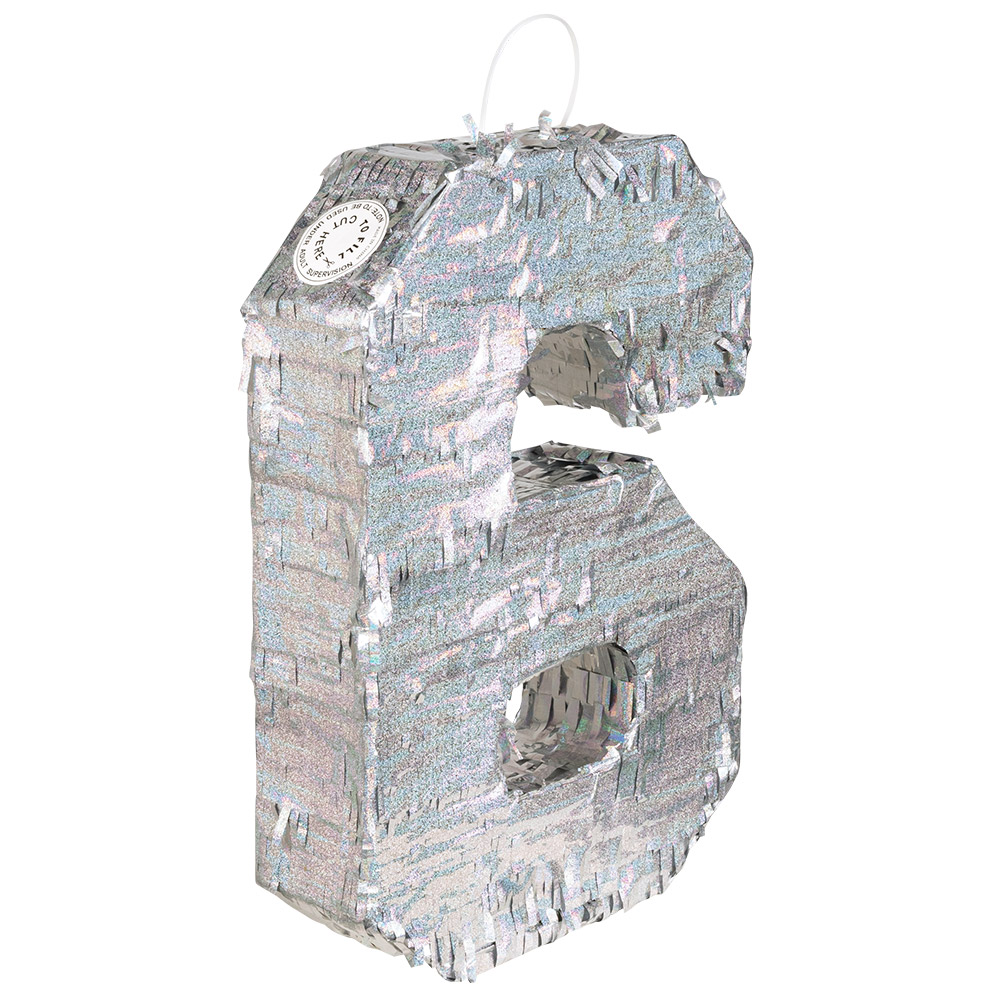 St. Piñata cijfer '6' holografisch zilver (40 x 28 x 8 cm)