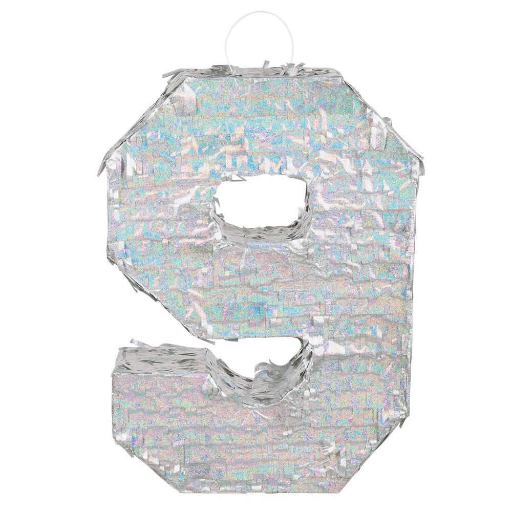 St. Piñata cijfer '9' holografisch zilver (40 x 28 x 8 cm)