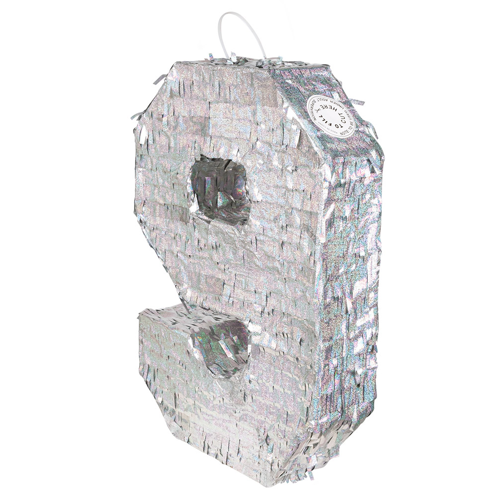 St. Piñata cijfer '9' holografisch zilver (40 x 28 x 8 cm)