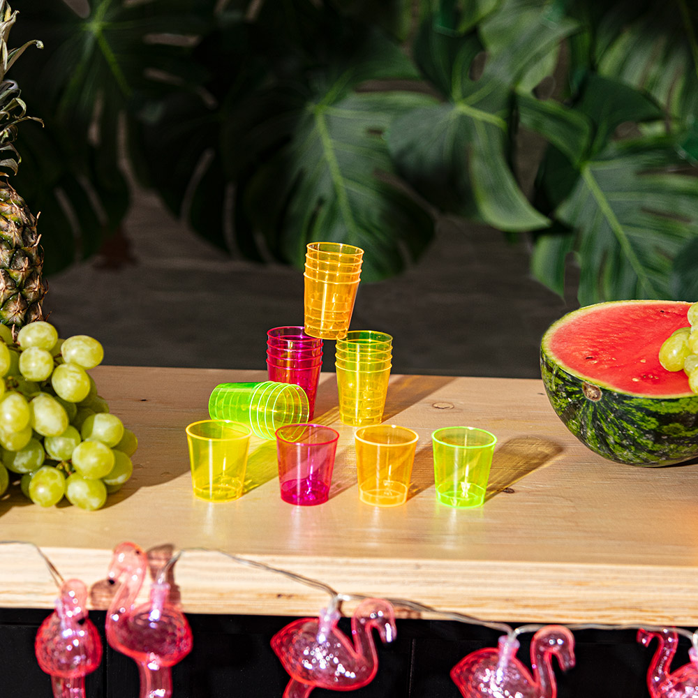 Set 20 plastic shotglaasjes 4 neonkleuren UV