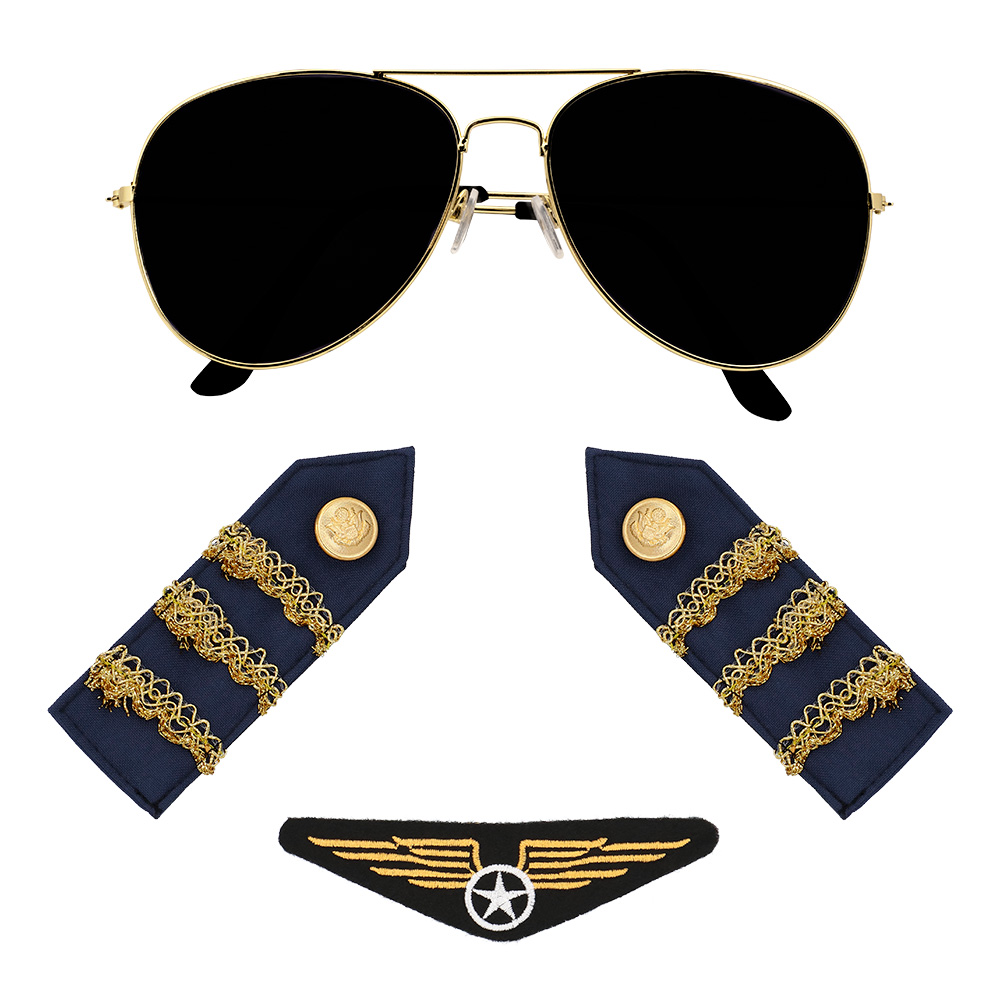 Set Piloot (partybril, badge en schouderstukken)