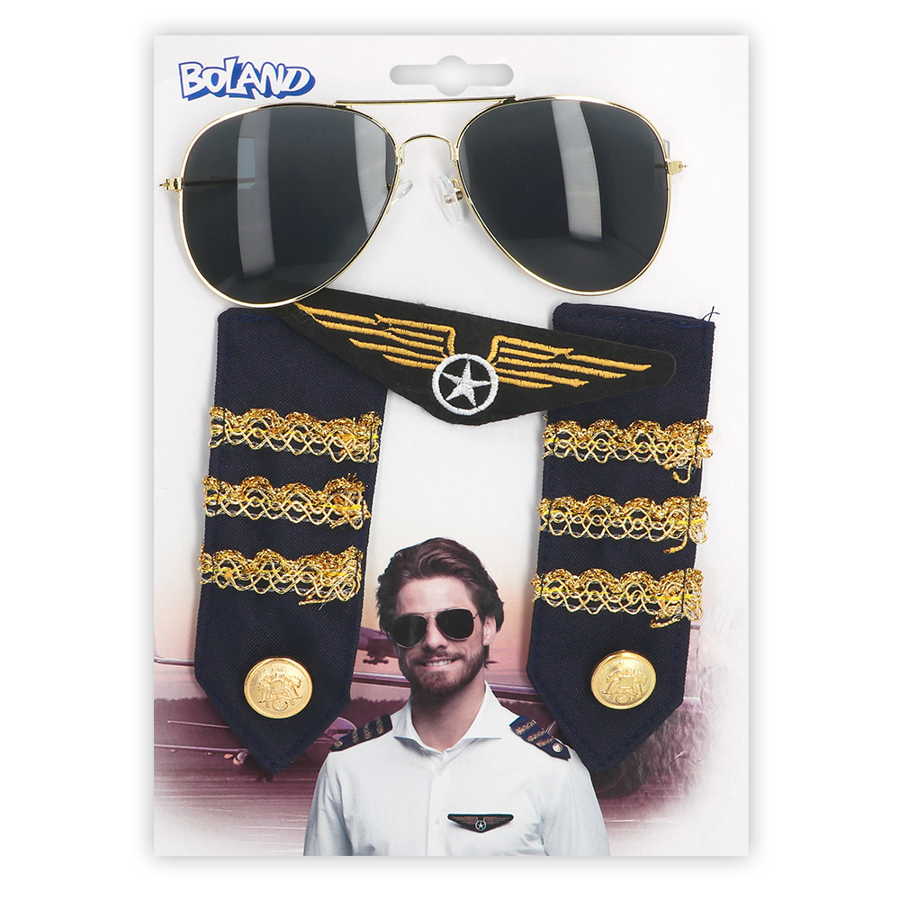 Set Piloot (partybril, badge en schouderstukken)
