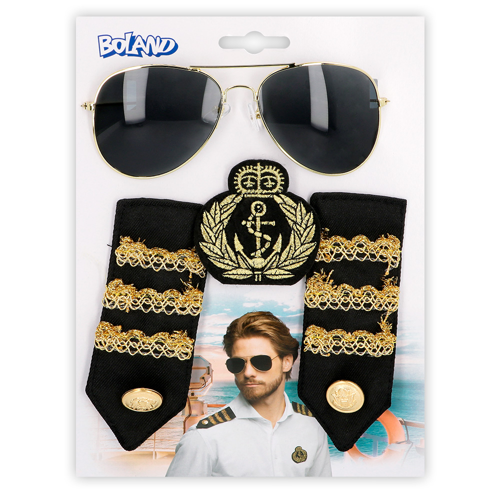 Set Kapitein (partybril, badge en schouderstukken)