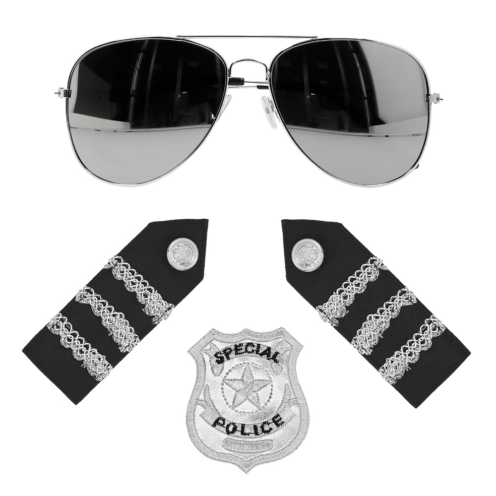 Set Politieagent (partybril, badge en schouderstukken)