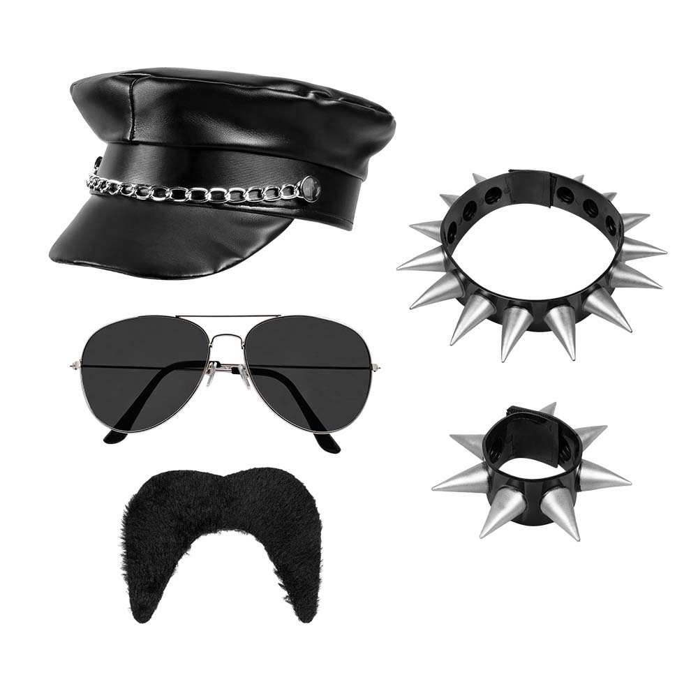 Set Rocker (pet, partybril, ketting, armband en snor)