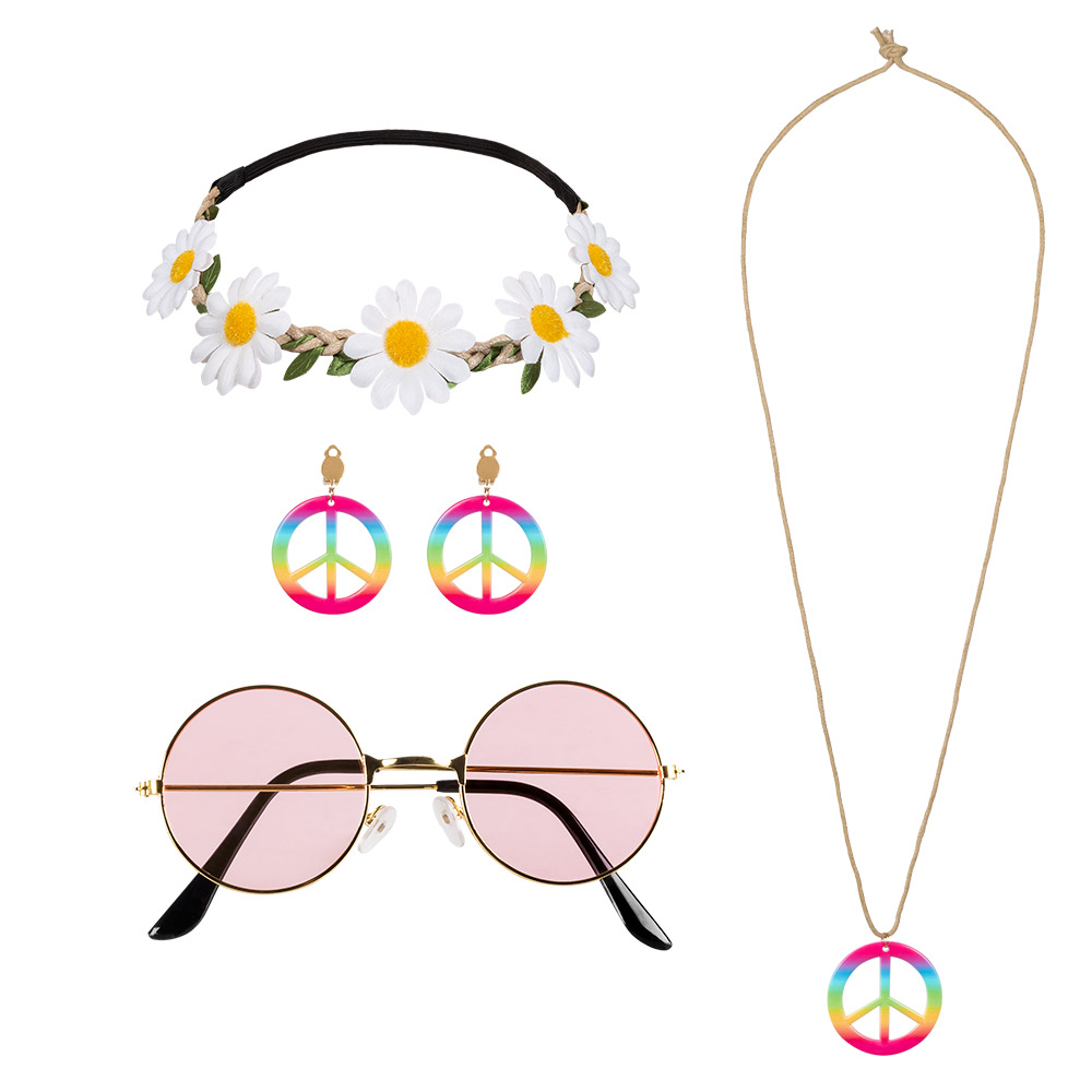 Set Hippie deluxe (hoofdband, partybril, oorbellen en ketting)