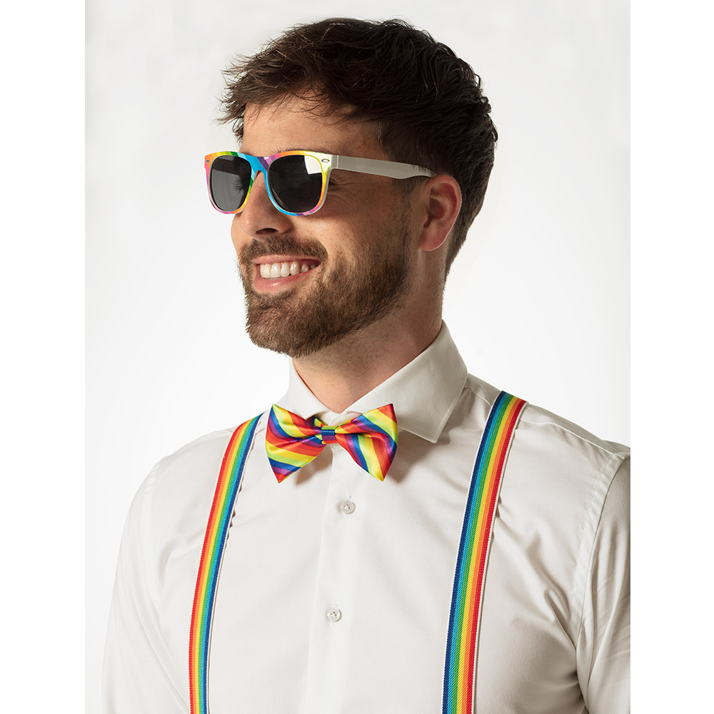 Set Classic regenboog (partybril, vlinderstrik en bretels)