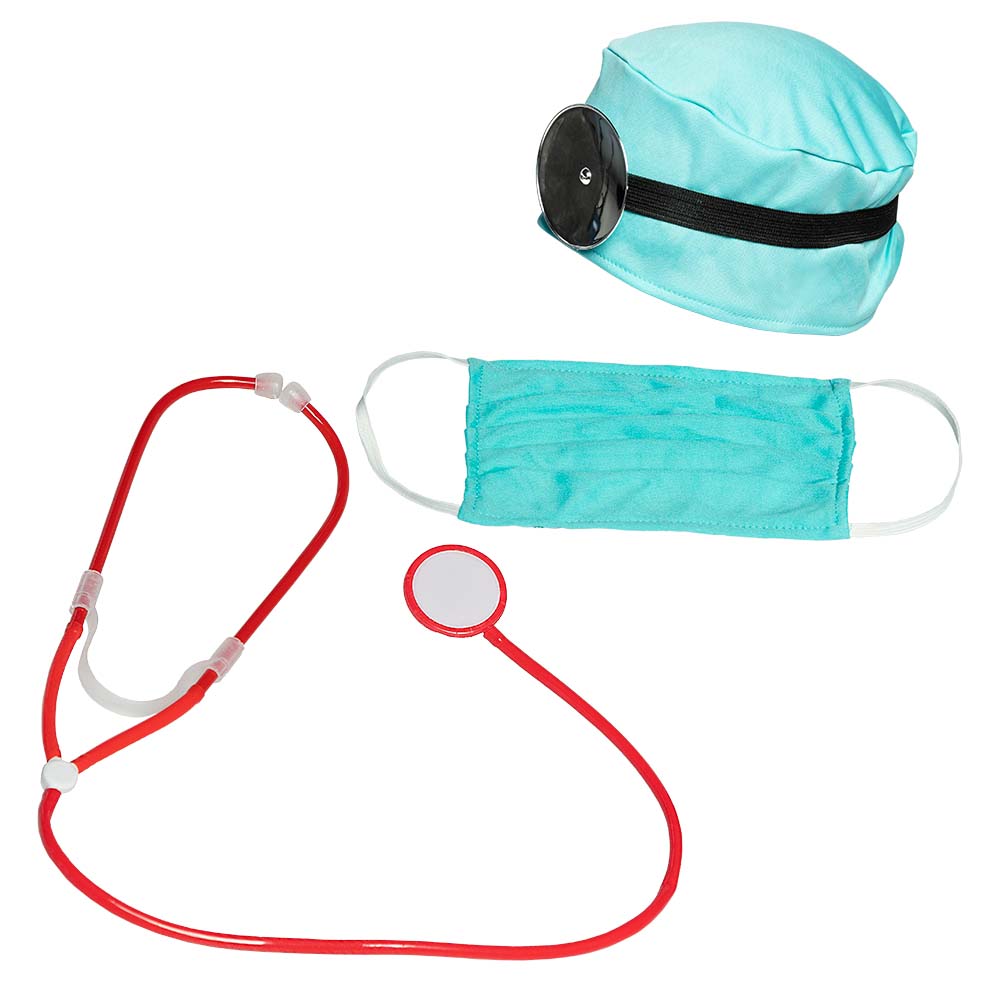 Set Dokter (kapje, hoofdband met frontale reflector, mondkapje en stethoscoop)