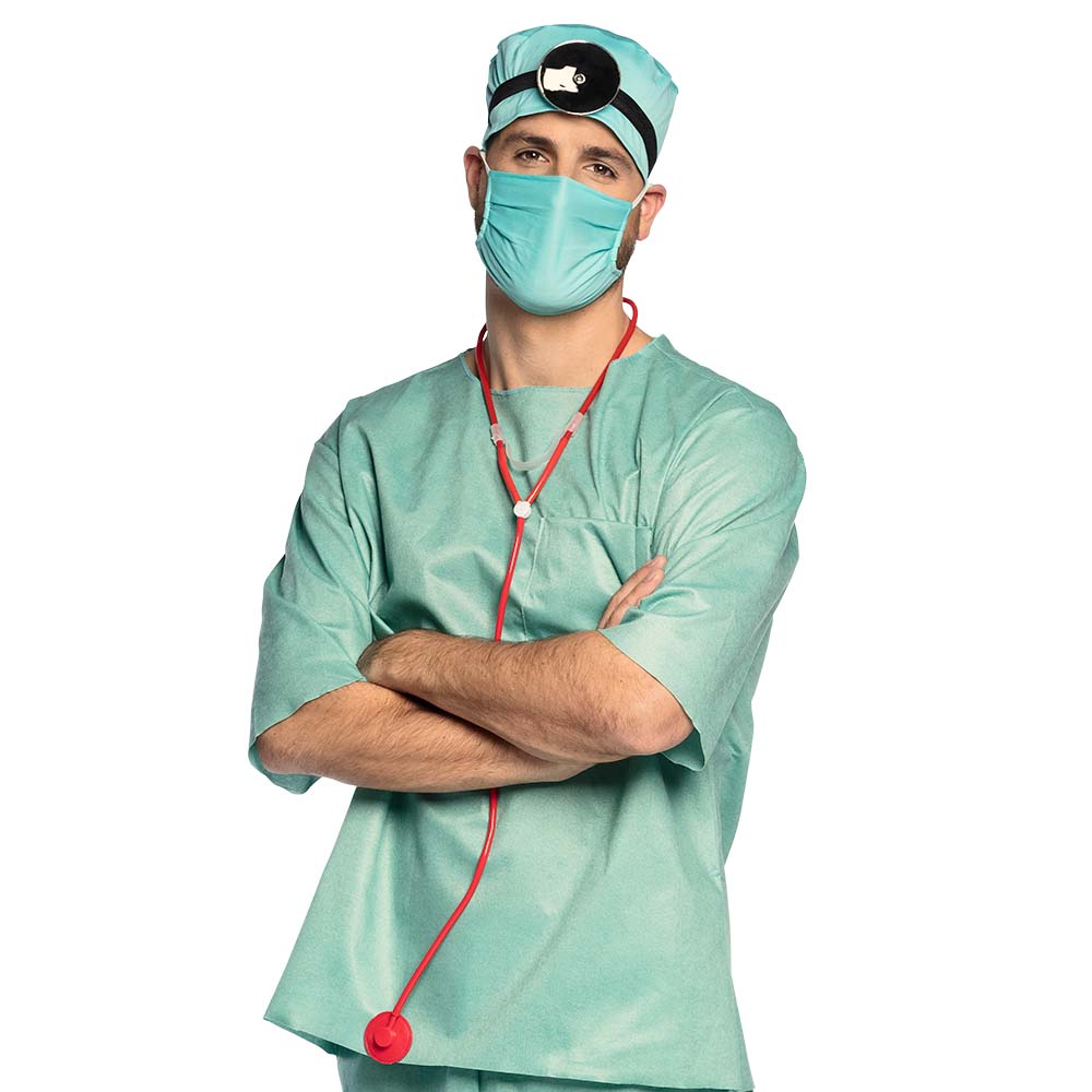 Set Dokter (kapje, hoofdband met frontale reflector, mondkapje en stethoscoop)