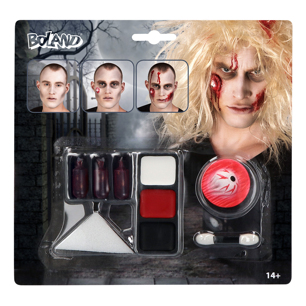 Schmink kit Zombie (nepbloedcapsules, latex wond, spons en applicator)